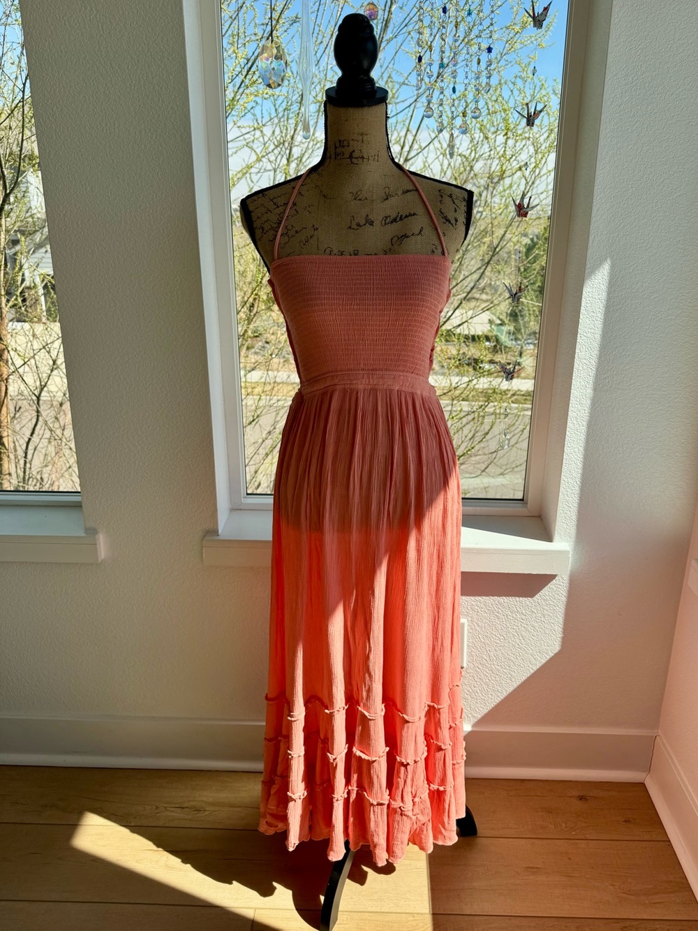 Strapless Coral Maxi Dress with Halter Tie